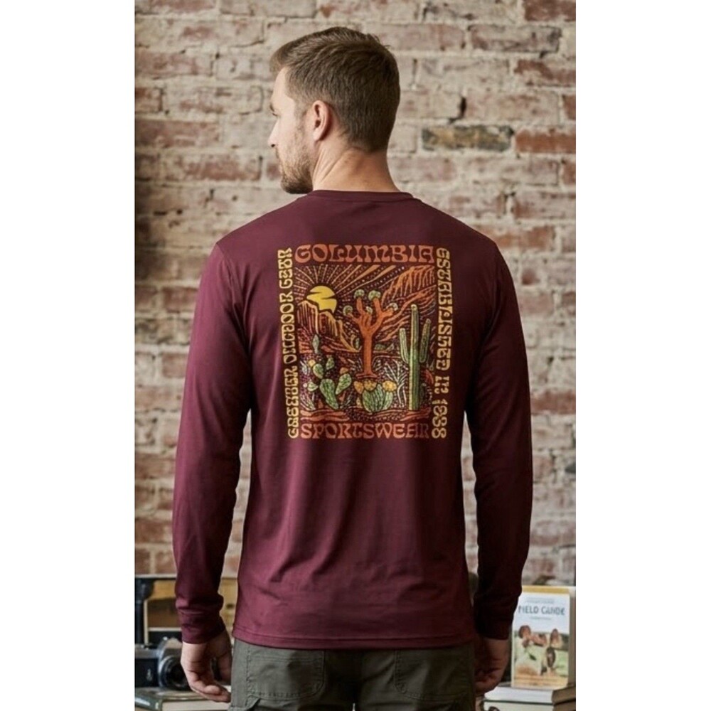 Columbia Mens Medium NWT Maroon Desert Cactus Graphic Long Sleeve T-Shirt